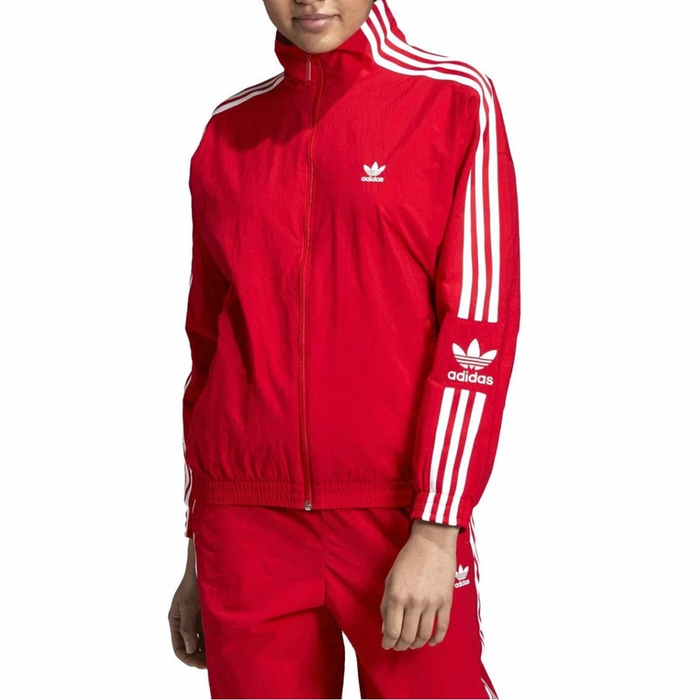 New Adidas Red White Stripe Zip Up Bomber Jacket Lock Up Track Top Windbreaker S